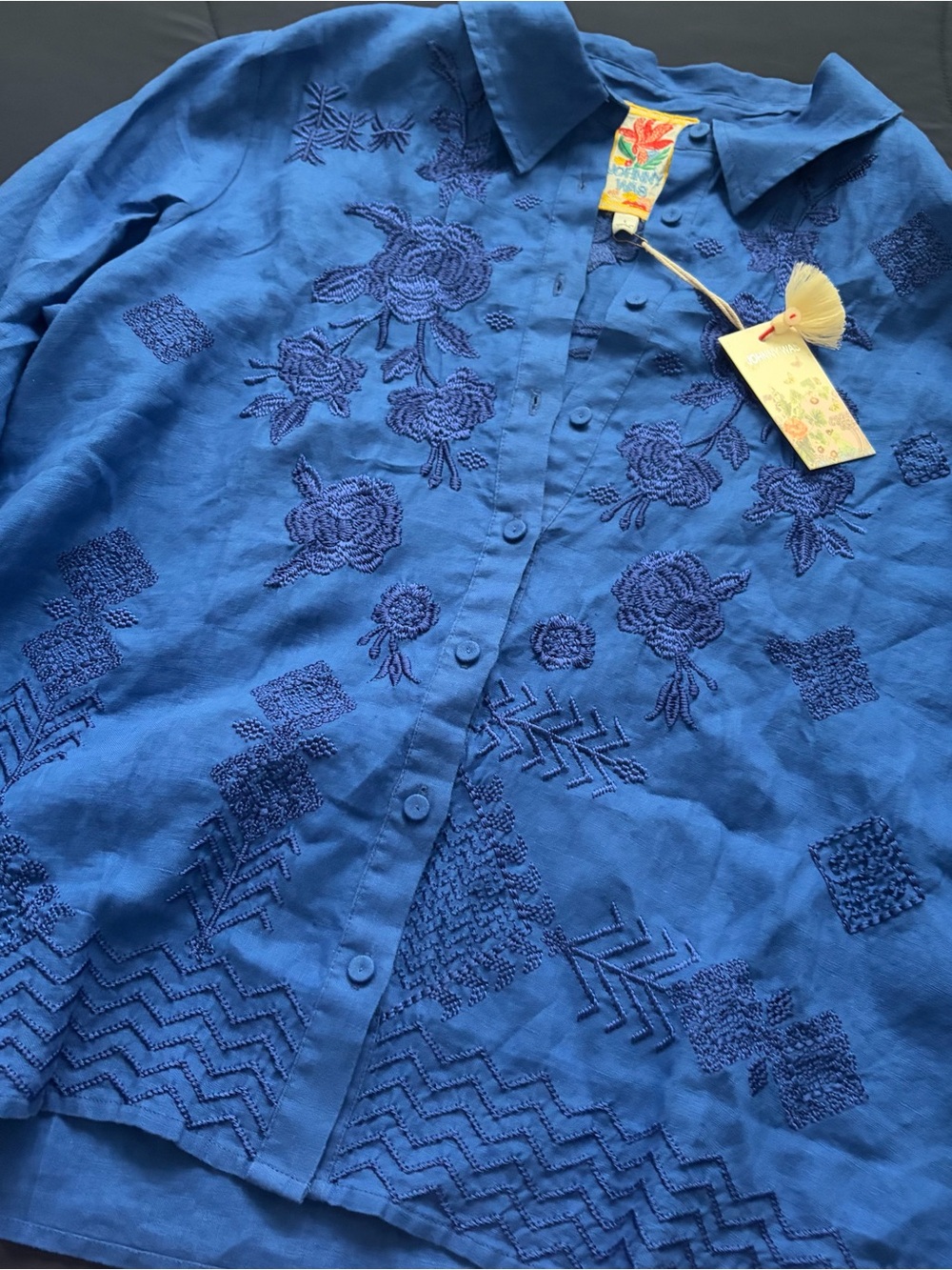 Johnny Was Ruffle Sleeve Shirt in Admiral Blue - Picture 3 of 12